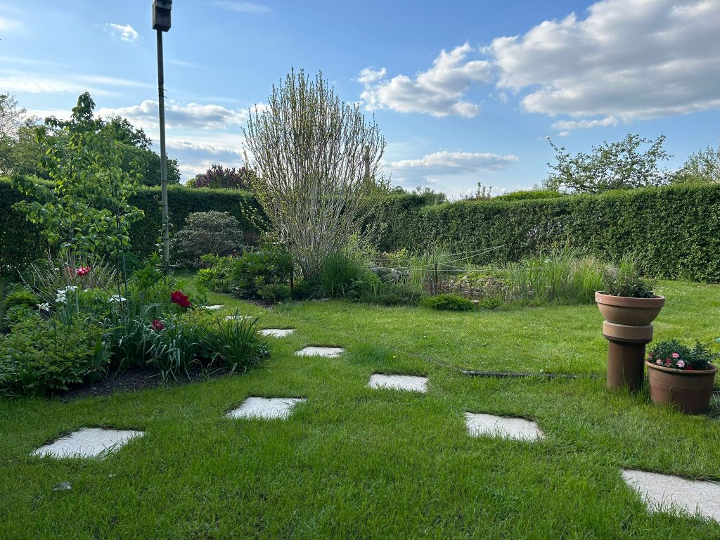 Links im Bild das "Frühblüherbeet", in der Mitte der Gartenteich und rechts die bepflanzten Blumenkübel